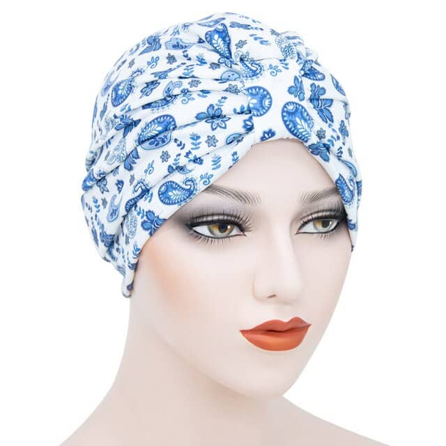Boné De Quimioterapia Para Mulher Louison Scarf Branco Com Padrão Azul